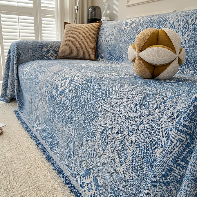 DREAMINGO Couch Covers for Sofa Boho Geometric Jacquard Vintage Sofa Covers 3 Seater Non Slip Chenille Furniture Protector for Dogs Pets Washable Sectional Couch Slipcovers, Blue, 71"x150" - Image 4