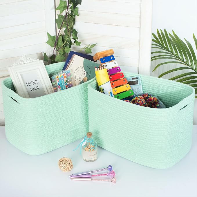MINTWOOD Design 3-Pack Decorative Woven Storage Baskets for Shelves, Cube Bin Box for Organizing Books, Shoes, Dog Toys, Pantry Closet and Living Room Organizer, Mint - Image 3