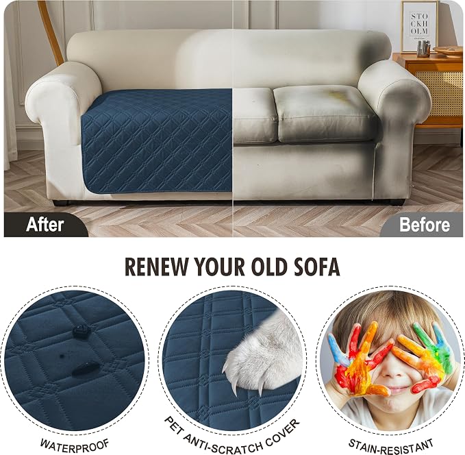 Genina Waterproof Couch Cover, Washable Anti-Slip 67 inch Sofa Covers with 3 Cushions, Sectional Couch Covers for Pets Friendly, Sofa Slipcovers for Dogs Cats, (67inch/Peacock Blue) - Image 4