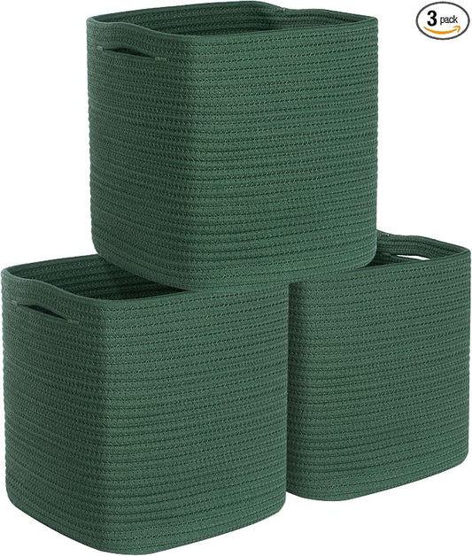 MINTWOOD Design 3-Pack 11x11 Inch Cube Storage Bin, Woven Storage Cube Organizer, Closet Organizer, Cute Square Storage Bins, Decorative Classroom Bathroom Pantry and Shelf Baskets, Green by MINTWOODDesign