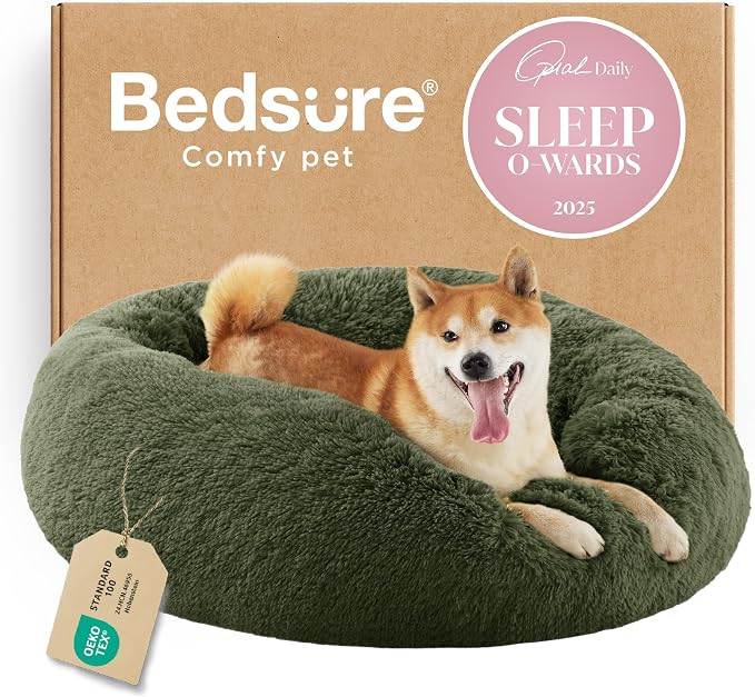Bedsure Calming Dog Bed Medium Size Dog Donut Washable Pet Bed,30ins Green | Fluffy Faux Fur Round Cuddler,Machine Washable,Anti-Slip Bottom,Anti-Anxiety,Deep Sleeping for Pets Up to 45 Lbs by Unknown