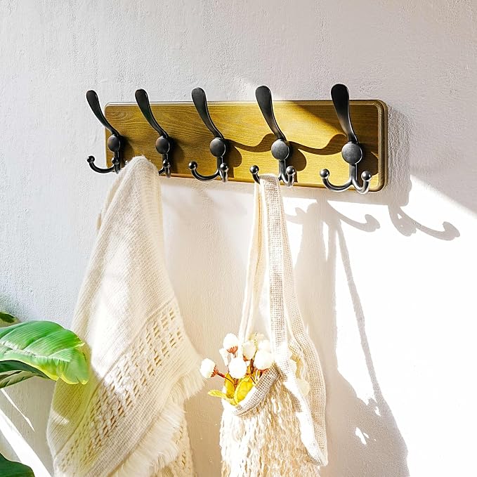 Dseap Wall Mount Coat Hanger - Heavy-Duty Robust Barnwood-Style Wooden Hook Rail with 5 Triple Hooks for Winter Coats, Hats, Jackets, Weathered Green & Black - Image 7