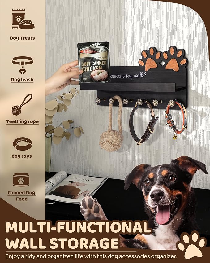 MTERSN Decorative Dog Leash Holder for Wall - Dog Accessories Organizer with Floating Shelf & 6 Hooks for Home Decor - The Cute Key Holder Wall Mount for Dogs Lover Gifts (Black) - Image 4
