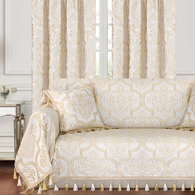 Loom and Mill European Elegant Sofa Couch Covers, Beige Gold, 71"x118" | Luxury Damask Floral Sofa Throw Cover with Tassels for 2-3 Cushion Couch, Sectional Couch Cover Sofa Slipcover for Dogs Pets by LoomandMill