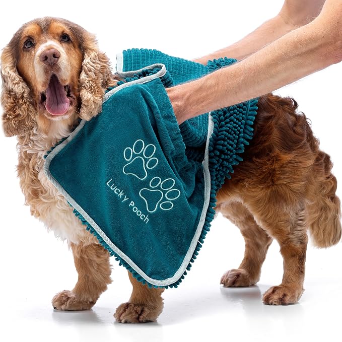 Lucky Pooch® Super Absorbent Shammy Dog Towel - Luxuriously Soft Hand Pockets – 34.5x12.5in – Quick Drying Microfiber Dog Bath Towel – Durable Dog Towels for Drying Dogs (Pack of 1, Teal) - Image 2