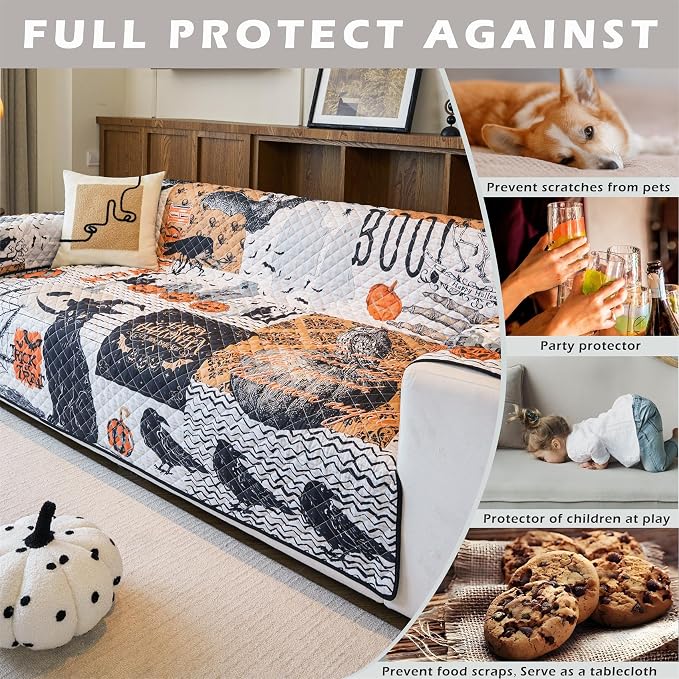 Cmfshape Halloween Sofa Slipcover-Black&Orange with Pumpkin,Spider,Pet Friendly Couch Covers for 3 Cushion Sofa,Washable Sofa Protector for Holiday,Anti-Slip with Elastic Band - Image 6