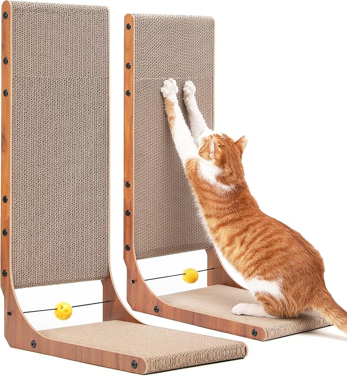 FUKUMARU Cat Scratcher for Indoor Cats, 26.8 Inch Cat Scratch Pad L Shaped | 2 Packs Cardboard Cat Scratcher, Vertical Cat Scratching Board with Ball Toy, Walnut Color by FUKUMARU