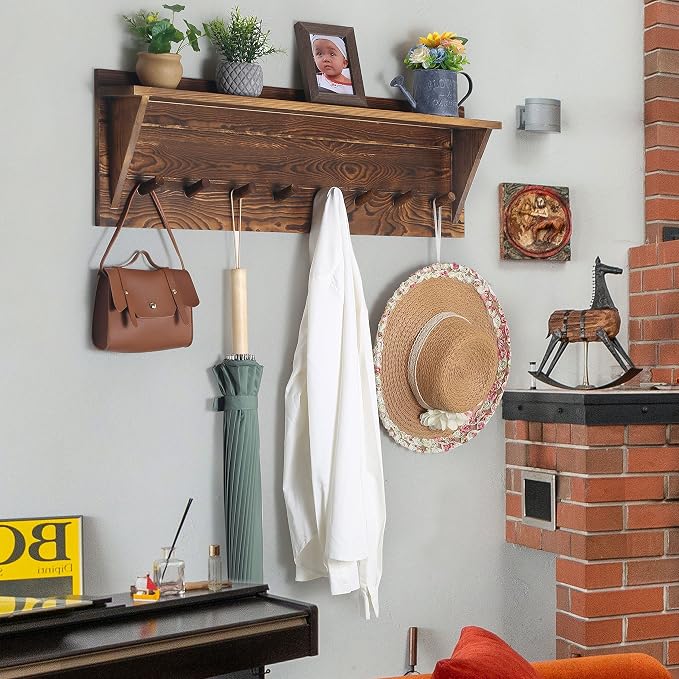 WEBI Coat Rack Wall Mount with Shelf,8 Peg Hooks,34" Long Rustic Entryway Wall Shelf with Hooks Underneath for Hanging Coats,Clothes,Bathroom,Rustic Brown - Image 4