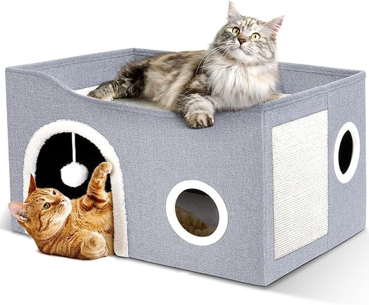 Heeyoo Cat House for Indoor Cats - Large Cat Bed Cave with Fluffy Ball and Scratch Pad, Foldable Cats Houses & Condos, Cat Hideaway, Covered Kitty Bed for Multi Small Large Kitty, 23.8x15.9x13.2 Inch by Heeyoo