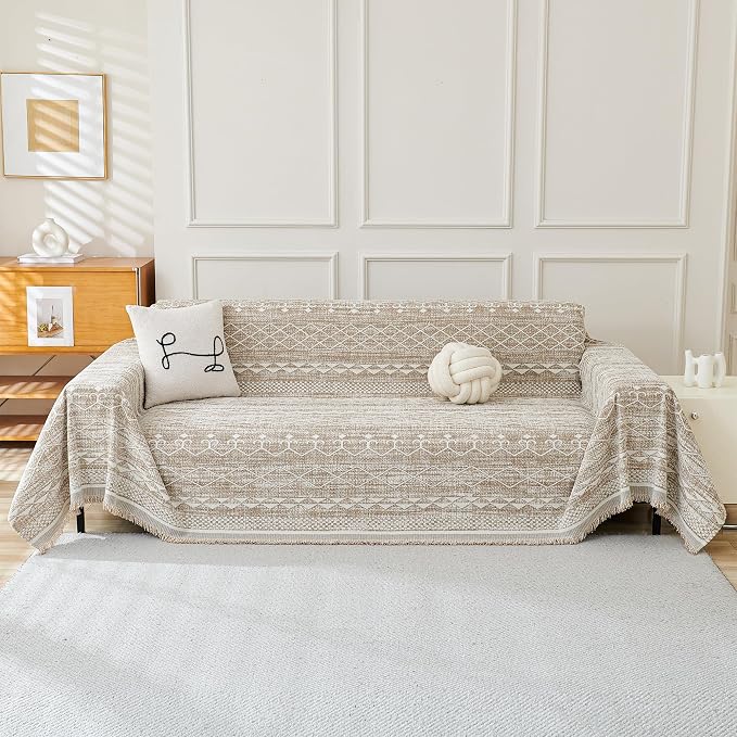 MEETSKY Boho Couch Cover Sofa Slipcover for Sectional Sofa Covers Protector Universal Use Chenille Blend Thick Fabric Washable, Modern Design Sofa Throw Cover for Living Room, 71" x 118", Khaki - Image 2