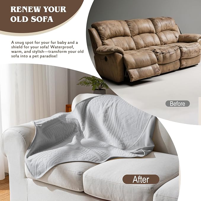 Waterproof Recliner Chair Cover - Washable Double-Sided Velvet and Pattern Reversible Cover for Couch, Bed, Car and Sofa Protection for Dogs, 30x40in/Light Grey - Image 3