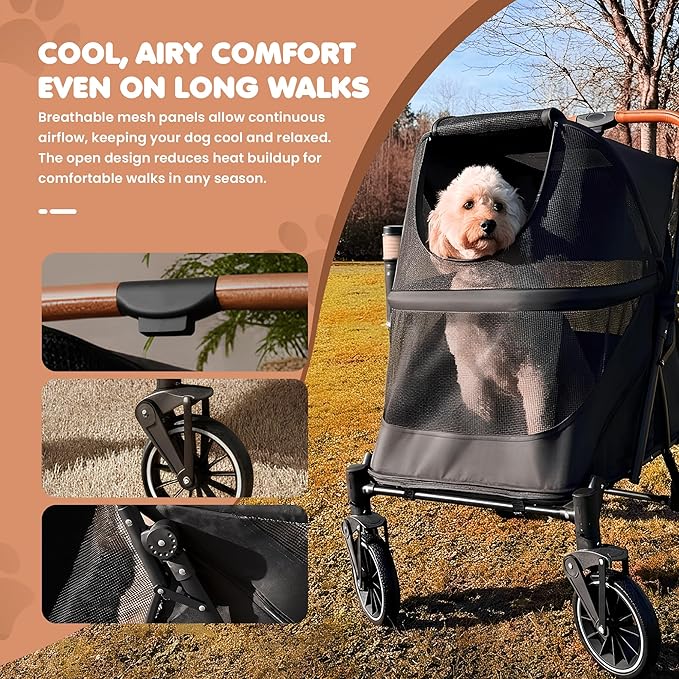 Premium Large Dog Stroller for Pets up to 55lbs, Dog Stroller for Medium Dogs, All-Terrain pet Stroller with Carbon Steel Frame & Breathable Mesh, Black & Grey (Large)