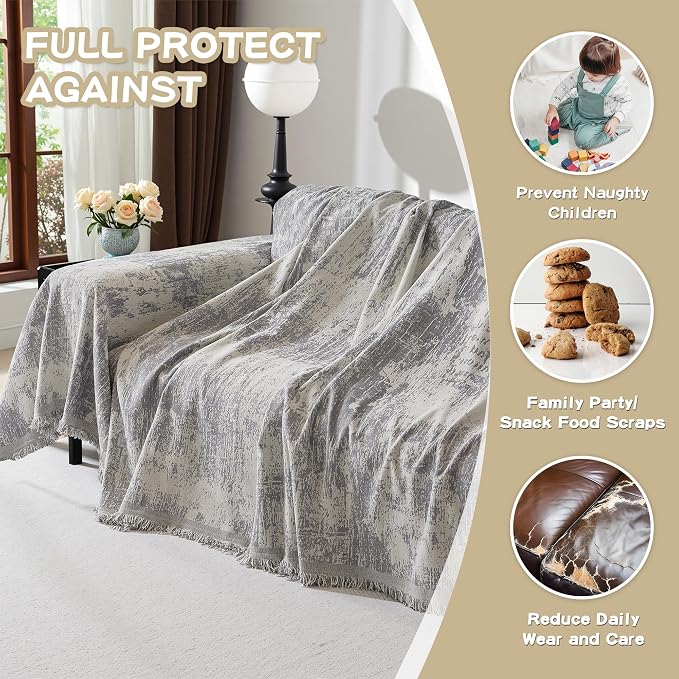 MEETSKY Couch Cover Boho Sofa Covers Couch Covers for 3 Cushion Couch Sofa Pet Friendly, Abstract Geometric Washable Sofa Slipcover for Sectional Sofa Cover with Tassel, 91" x 134", Light Grey - Image 3