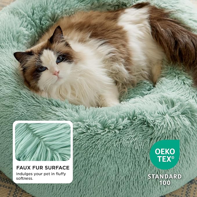 Bedsure Calming Cat Beds Donut Round Washable Kitten Bed,20 inches | Fluffy Faux Fur Cuddler,Anti-Slip Bottom,Anti-Anxiety,Deep Sleeping for Cats&Small Pets Up to 15 Lbs,Apple Green - Image 2