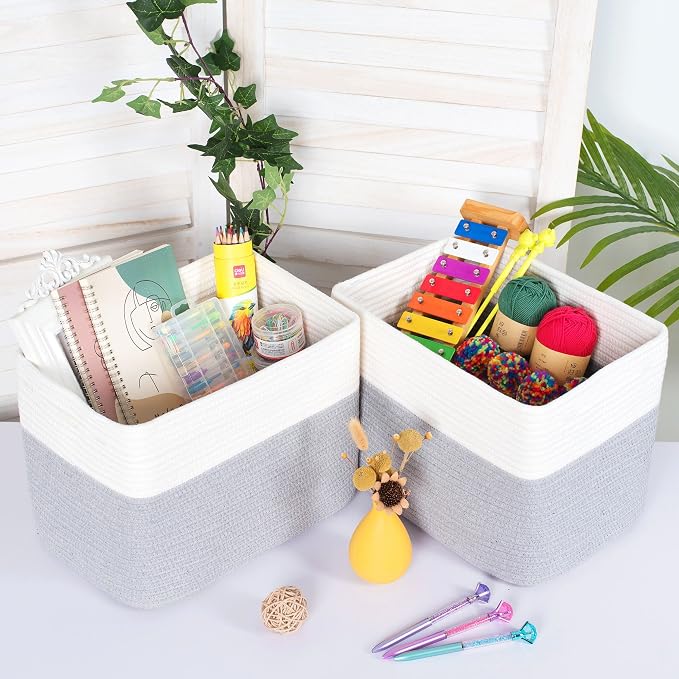 MINTWOOD Design 3-Pack Storage Baskets for Shelves, Playroom and Classroom, Book Basket, Decorative Storage Cube Bins, Woven Closet Organizers, Pantry and Shoe Organizer, Grey - Image 3