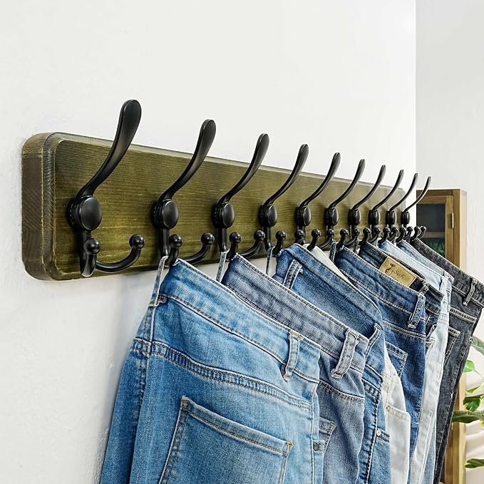 Dseap Coat Rack Wall - Heavy-Duty 38-1/4" Long, with Reinforced 10 Custom Tri-Hooks, Solid Wood Wall Hanger for Coats Hat Jackets - Rustic Farmhouse Entryway Storage,Weathered Green & Black,Pack of 2 - Image 2