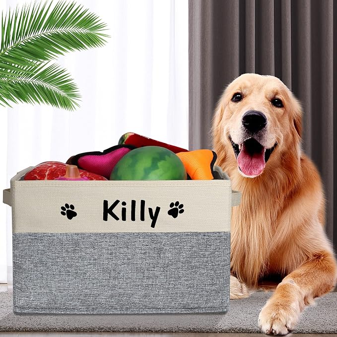 PET ARTIST Personalized Dog Toy Bin for Dog Toys Accessories - Foldable Dog Toy Basket Storage Box for Pet Toys,Dog Coat, Upgrade Grey, M:15''(38cm)*11''(28cm)*9''(23cm) - Image 2