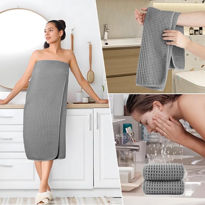 POLYTE 430 GSM Microfiber Quick Dry Lint Free Oversize Bath Towel Set, 6 Piece (Waffle Weave) - Image 5
