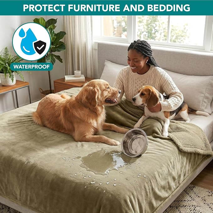 PetAmi Waterproof Dog Blanket for Couch, Queen 90x90, Pee Proof Sherpa Fleece Reversible Pet Throw, Furniture Protector for Bed Sofa, Soft Washable Cover for Large Dogs Cats, Taupe Sherpa - Image 2