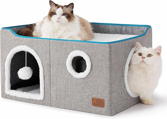 Bedsure Extra Wide Cat House Bed with Fluffy Ball and Scratch Pad,Grey | 23.6x16.9x13 in,Indoor Cat Cave for Multiple Pets, Foldable Cat Hideway Cube for Sleeping Large Cat and Kitten by Unknown