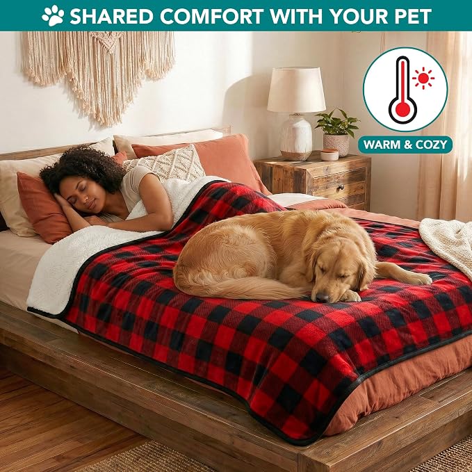 PETAMI Sherpa Fleece Waterproof CAT and Dog Blanket, Checkered RED, X-Large - Image 4