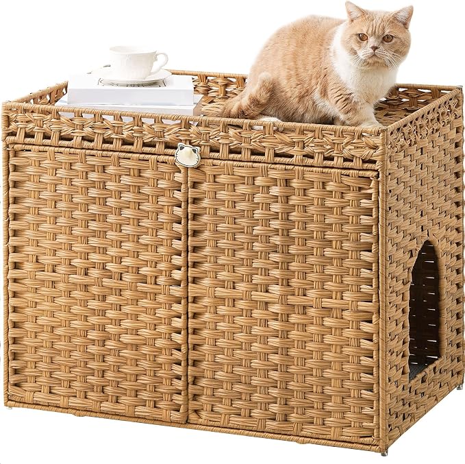 SETVSON Cat Litter Box Enclosure Furniture, Handwoven Rattan Hidden Litter Box with Mat, Large Space Cat House with 2 S-Shaped Hooks 30.3 x 18.3 x 24.4 Inches, Indoor for Living Room Apartment Natural by SETVSON