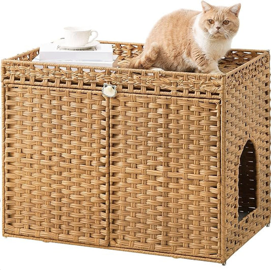 SETVSON Cat Litter Box Enclosure Furniture, Handwoven Rattan Hidden Litter Box with Mat, Large Space Cat House with 2 S-Shaped Hooks 30.3 x 18.3 x 24.4 Inches, Indoor for Living Room Apartment Natural by SETVSON