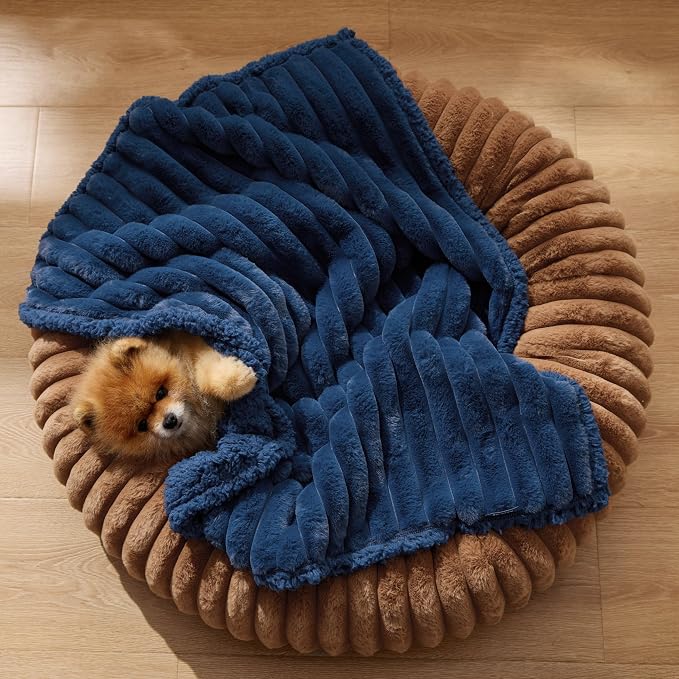 Bedsure ComfyFleece™ Waterproof Dog Blankets for Small Dogs,25x35 | Soft Plush Puppy Cat Blanket, Washable Corduroy Fleece,Cozy Calming Reversible Furniture Protector Indoor for Pet, Navy Blue - Image 8