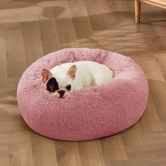 Bedsure Calming Small Dog Bed Donut Washable Cat＆Puppy Bed,23 inches | Fluffy Faux Fur Round Cuddler,Anti-Slip Bottom,Anti-Anxiety,Deep Sleeping for Large Cat & Pets Up to 25 Lbs,Mauve Blush - Image 4