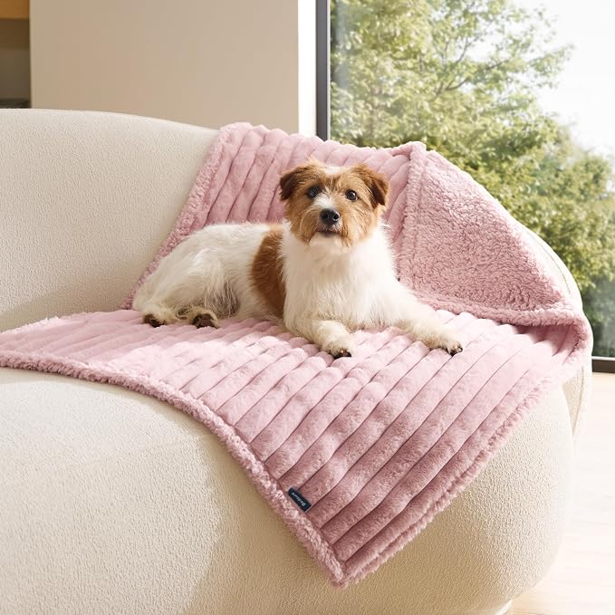 Bedsure ComfyFleece™ Waterproof Dog Blankets for Medium Dogs 30"x40" | Soft Plush Puppy Cat Blanket, Washable Corduroy Fleece,Cozy Calming Reversible Furniture Protector Indoor for Pet, Blush Pink by BEDSURE