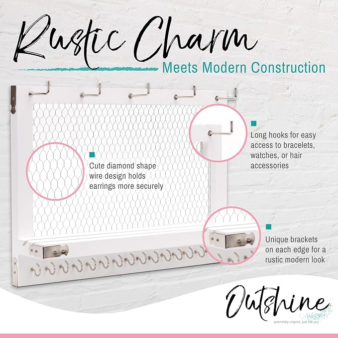 OUTSHINE Large Farmhouse Wall Jewelry Organizer (White) | Wall Organizer For Earrings, Necklace, Bracelet, Hair Accessories | Chicken Wire Earring Holder | For Women, Wife, Mom, Girlfriend - Image 5