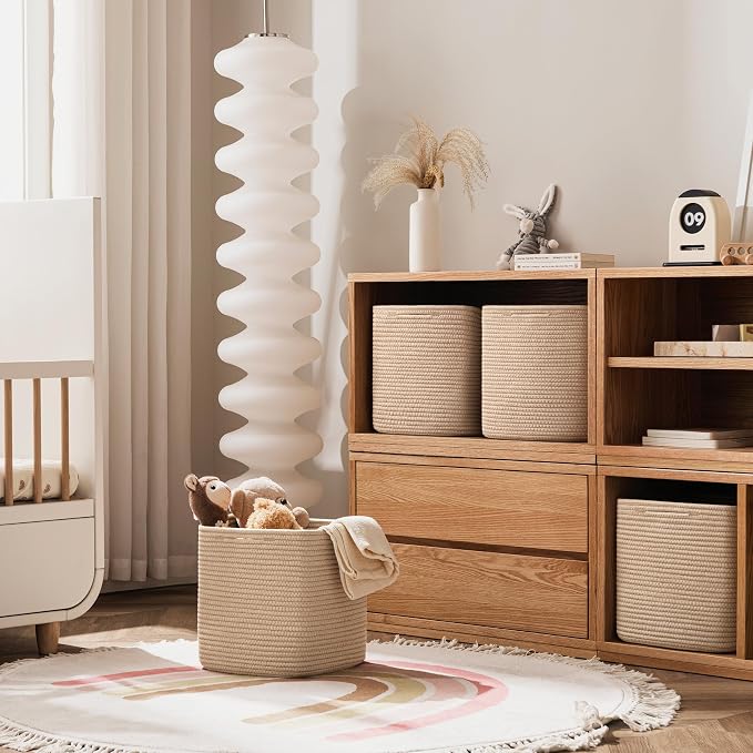 joybest 13inch Cube Storage Bins, Cotton Rope Woven Organizer Basket | Set of 4 Cube Bin Square Shelves Organizer Closet Storage, Nursery, Toy Organization, Brown - Image 5