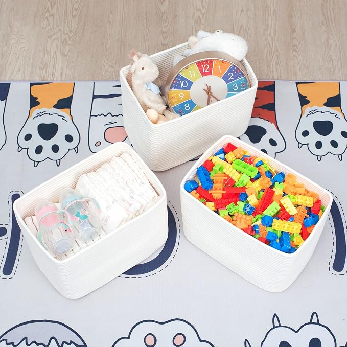 MINTWOOD Design 3-Pack Storage Baskets for Shelves, Playroom and Classroom, Book Basket, Decorative Cube Bins, Woven Closet Organizers, Baby Nursery Baskets, Creamy White - Image 5