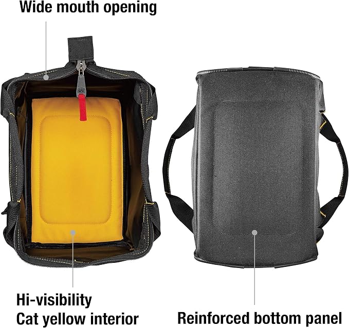 Cat 13-Inch Wide Mouth Tool Bag with 3 Exterior Pockets, Hi-Vis Interior, Reinforced Bottom, and Heavy-Duty Zipper – Durable 600D Polyester Construction - 240042 - Image 3