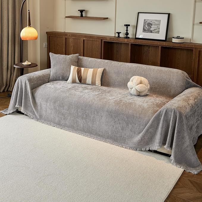 VClife Vintage Light Gray Striped Couch Cover with Tassel, 71" X 150" | Soft Thick Chenille Couch Covers for 3 Cushion Couch Sofa, Washable Sofa Covers for Sectional Sofa, Fade & Shrink Resistant - Image 5