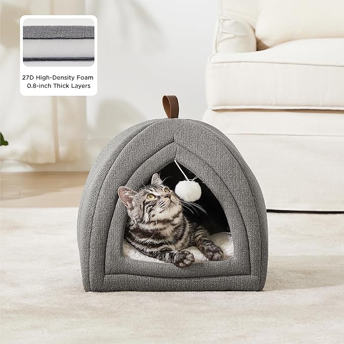 Bedsure 2in1 Cat Beds for Indoor Cats Cave for Kitten with Washable Pillow | 16in, Cat House for Small Pet, Covered Cat Tent, Foldable Hideaway, Fluffy Ball, Anti Slip Bottom, Removable Cushioned ,Grey - Image 2