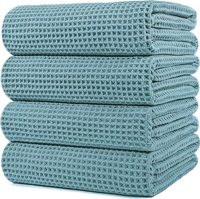 POLYTE 430 GSM Microfiber Oversize Quick Dry Lint Free Bath Towel, 60 x 30 in, 4 Pack (Waffle Weave) by Polyte