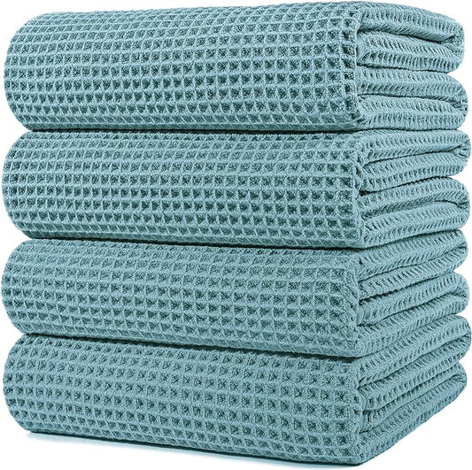 POLYTE 430 GSM Microfiber Oversize Quick Dry Lint Free Bath Towel, 60 x 30 in, 4 Pack (Waffle Weave) by Polyte