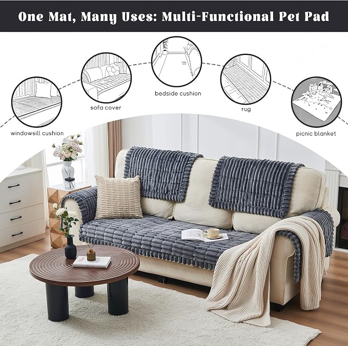 beeweed Couch Covers for Sofa, Couch Covers for Dogs Washable, Non Slip Plush Sofa Slipcovers, Couch Furniture Protector Pet Friendly, Dark Grey, 27.6” x 82.7” - Image 7