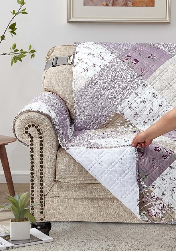 Brilliant Sunshine Lilac & Beige Roses Couch Armchair Cover, 23" seat | Patchwork Design, Non Slip Sofa Cover, Quilted Furniture Protector, Washable Chair Slipcover for Pets, Dogs & Cats - Image 3
