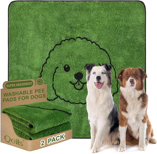 Qeils Reusable Puppy Pads , Washable Pee Pads for Dogs 48" x 48" 2 Pack | Super Absorbent & Leakproof Potty Training Pads, Plush Grass-Look With Non-Slip Backing For Crates, Playpens & Small Pets by Qeils