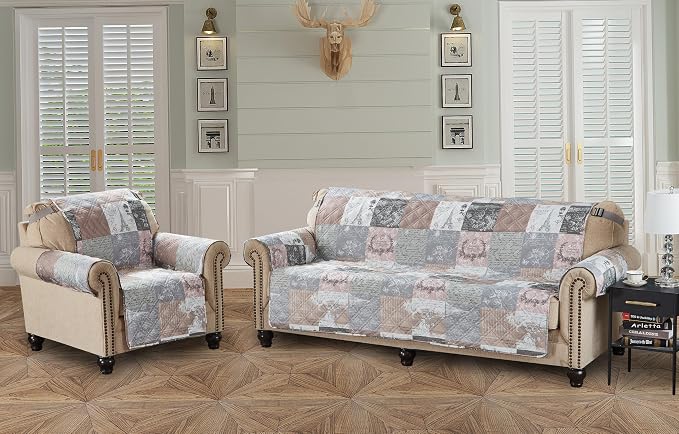 Brilliant Sunshine Latte Grey Paris & Toile Loveseat Cover, 54" seat | Non Slip Sofa Cover, Patchwork Design, Quilted Furniture Protector, Large Washable Love Seat Slipcover for Pets, Dogs & Cats - Image 4