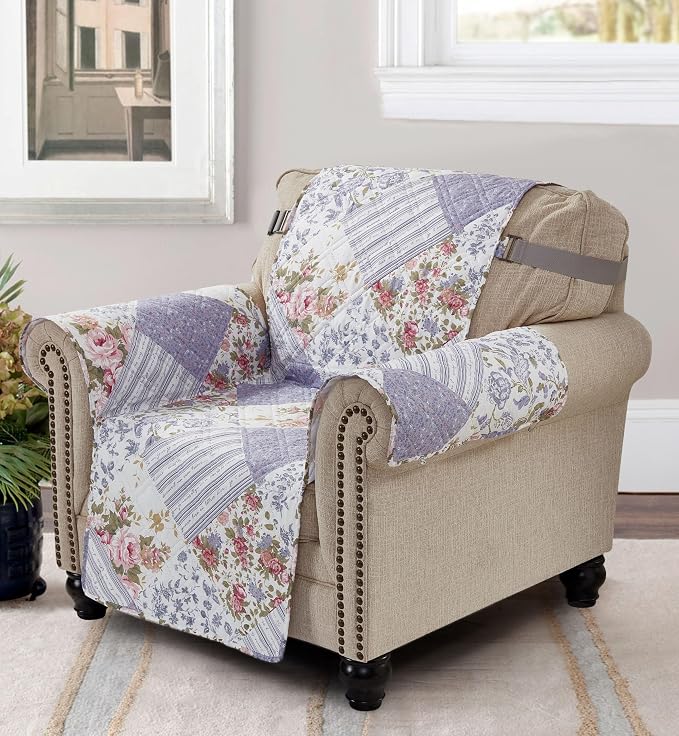 Brilliant Sunshine Rose Violet Floral Couch Armchair Cover, 23" seat | Patchwork Design, Non Slip Sofa Cover, Quilted Furniture Protector, Washable Chair Slipcover for Pets, Dogs, Dogs & Cats by BrilliantSunshine