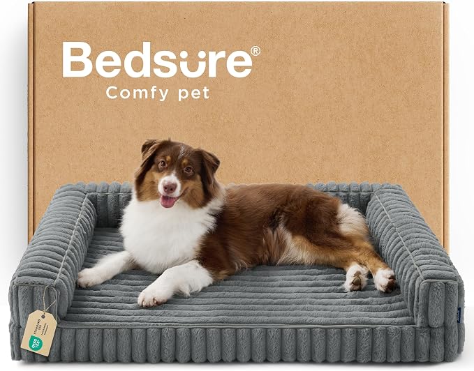 Bedsure ComfyFleece™ Orthopedic Dog Beds Large Sized Dog, Waterproof Memory Foam Pet Couch Sofa with Sides, Non-Slip Bottom and Egg-Crate Foam Large Pet Bed with Washable Corduroy Cover, Grey by Unknown