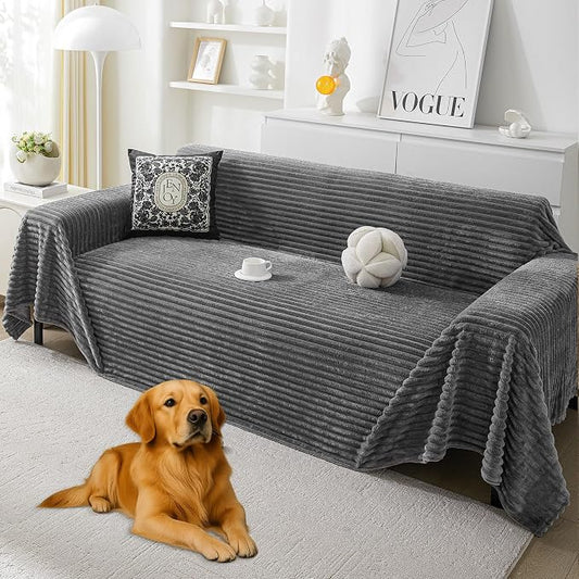 HAOMAIJIA Faux Fur Sofa Covers Couch Covers for 3 Cushion Couch Sofa Pet Friendly Soft Non Slip Couch Cover for Dogs Washable Sectional Couch Covers L Shape Furniture Protector (Grey, 71"x134") by HAOMAIJIA