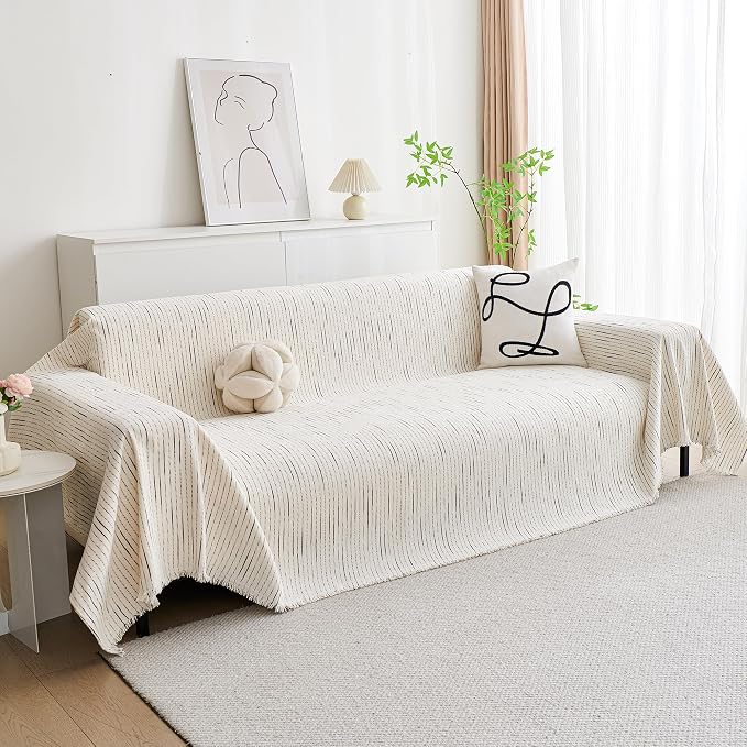 MYSKY HOME Couch Cover for Dogs, Sectional Couch Cover, Beige Lines Sofa Covers for Sectional Sofa L Shape Chenille Couch Protector for Dogs Pets Couch Covers Washable Soft Throw, 71" X118" - Image 2