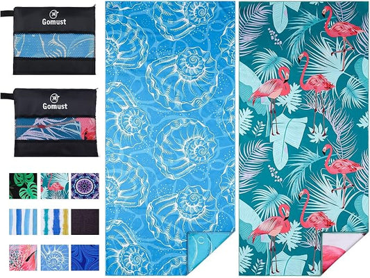 Microfiber Beach Towel Oversized 71x32 Blue Pink with Bag 2 Pack | Thin Lightweight Sand Free Absorbent Quick Dry Compact Large for Adult Travel Camping Pool Swim Bath Cruise Essentials Gift by Gomust