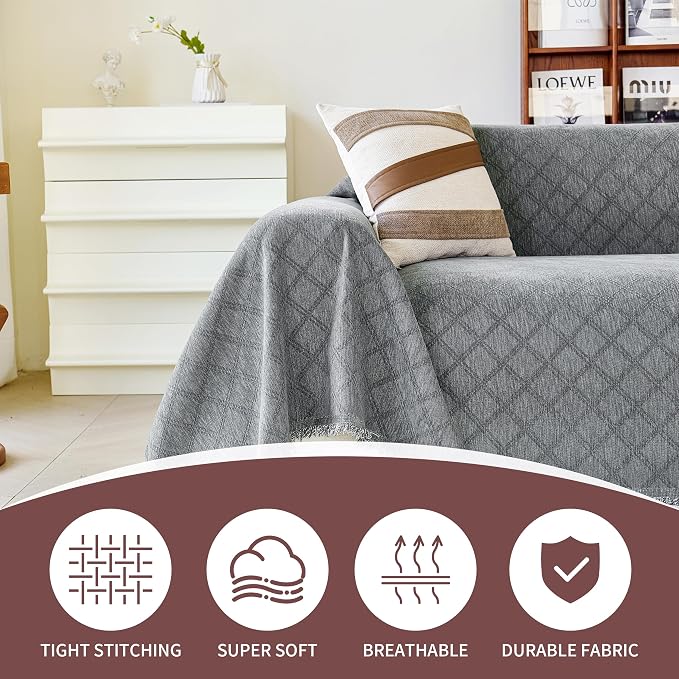 VANJOROY Grey Couch Chair Cover, Armchair for 1 Cushion Couch, Washable Chenille Sofa Cover Protector Soft Sofa Slipcovers for Pets Dog with Tassel,71"x 91" - Image 2