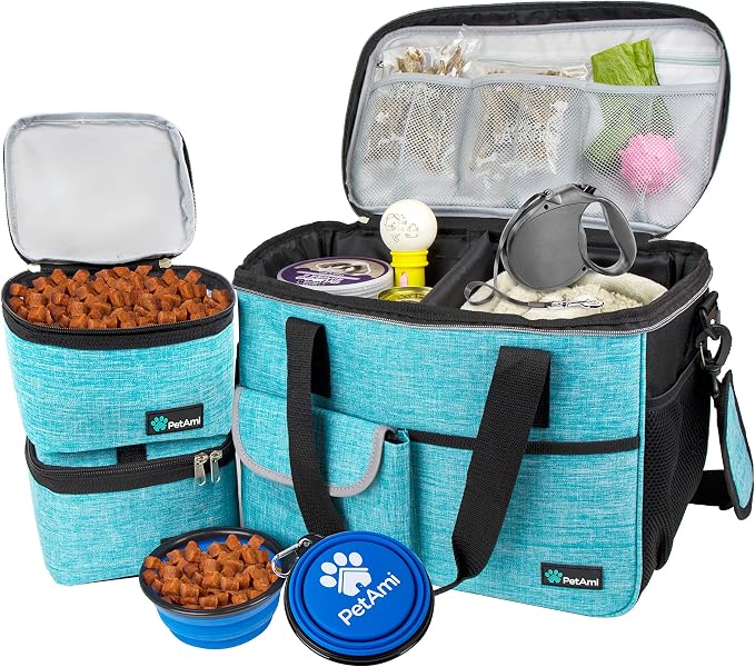PetAmi Dog Travel Bag Organizer, Pet Travel Kit with 2 Food Containers & 2 Collapsible Dog Bowls, Pet Supplies Tote with Luggage Sleeve, Weekend Road Trip Camping Essentials, Teal Blue, Medium by PetAmi