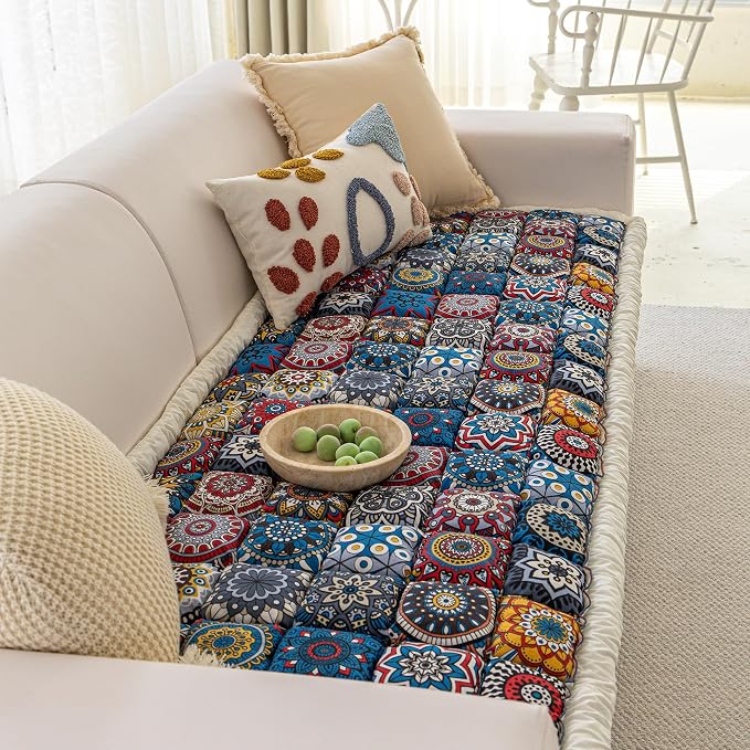Non Slip Couch Cover for Dogs, Washable Pet Sofa Cover for 3 Cushion Couch, Boho Style Slipcover, Pet Friendly Furniture Protector (Blue, 27.6 x 59 in) - Image 2